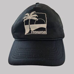 Vintage Hat Cap Adult Snap Back Black Hawiian Islands Palm Golf Print‎ Mesh